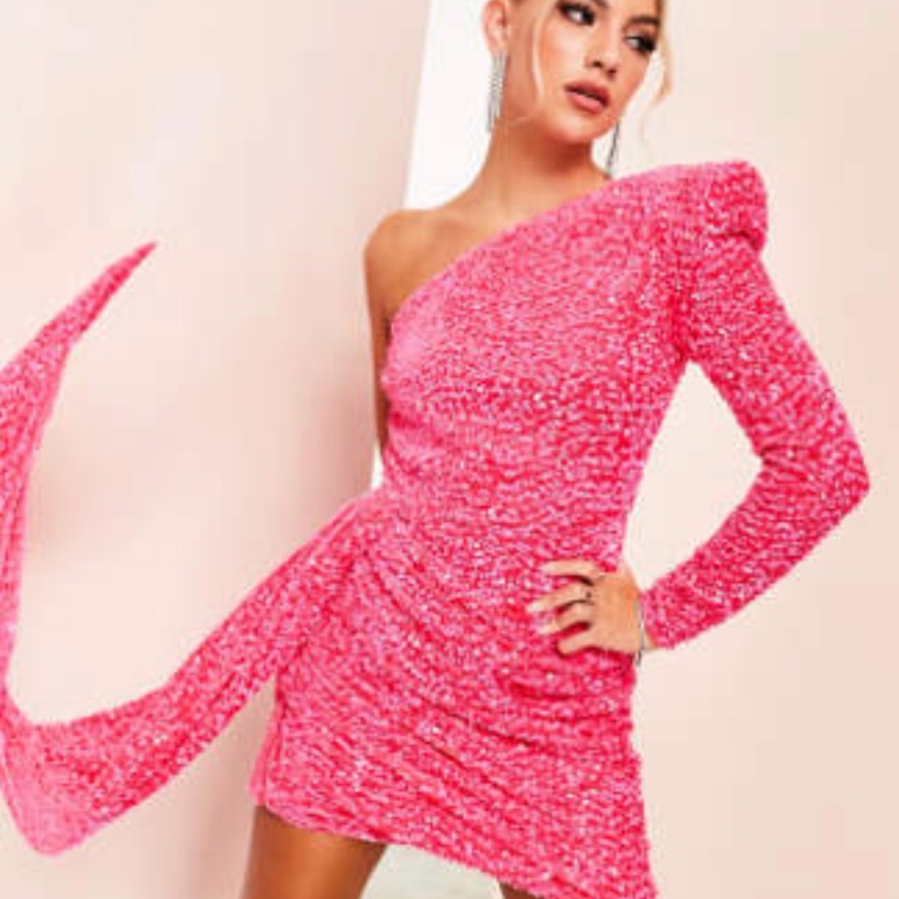ASOS One-Shoulder Hot Pink Sequin Mini Dress